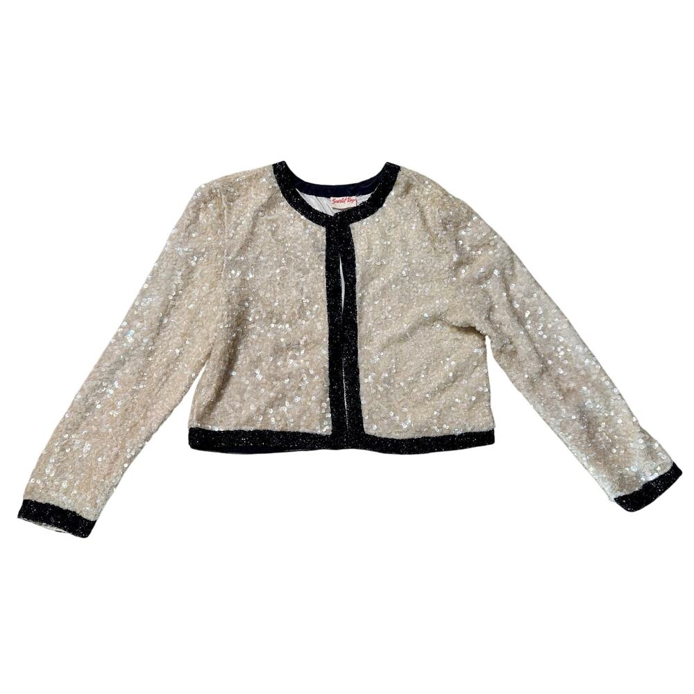 Vintage Scarlet Rage Sequin Beaded Cropped Jacket Ivory Black Evening Bolero
